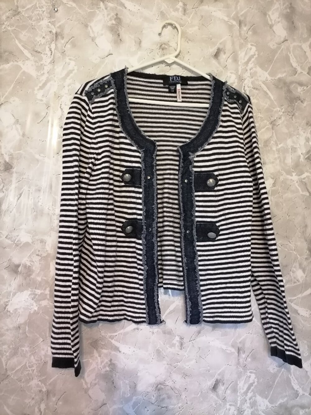 FGJ nautica striped Navi & White knit Cardigan with demin trim & silver details